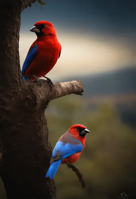 red and blue bird sitting in the alone tree,high resolution, high quality,dark background