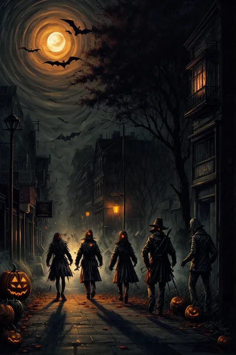 Illustration of a nightmarish Halloween night with zombies lurking the streets