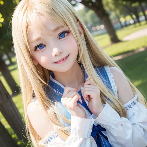 one very beautiful cute young girl、10 years old、((very happy smile ))、Embarrassed blush、Beautiful very long shiny blonde hair with golden shine、Shiny and very beautiful pure white skin、Very beautiful and cute light blue eyes、shiny skin、 Very beautiful cute...