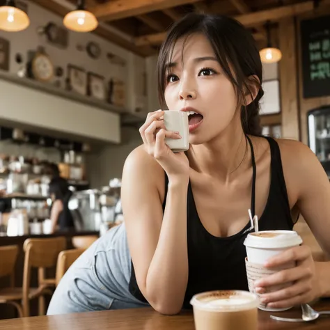 Realisticな,(master piece, high quality:1.2) ,Realistic, one perfect woman、RAW photography, wide wide shot, she keeps her mouth open,  drink coffee、I&#39;m at the cafe、Tank top