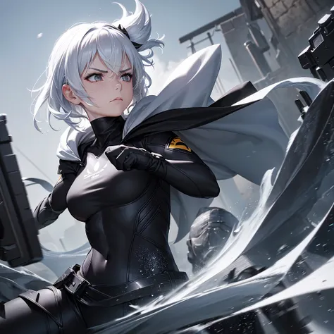 HD, 8k resolution, REVEALED: A Fighting Girl of Epic Proportions,
(A girl clad in white hair and black cape,),
(Emblematic of power and determination,),
(Her face lined with grit and focus,),
(Eyes serious, closed mouth,),
(Casually poised in Bruce Lee sta...