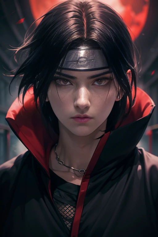 A close-up photograph of Itachi Uchiha, the iconic character from Naruto, showcasing his intense and piercing gaze. The image captures every intricate detail of his Sharingan eyes, emphasizing the red and black patterns. The environment is a dimly lit room...