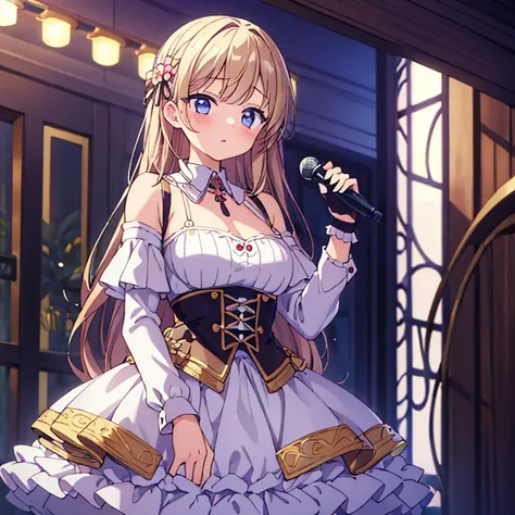 (best quality, masterpiece), 1 girl, intricate details, Off the shoulders, skirt, collar, decorate, perspective, looking at the audience, blush, Upper body, blurred background, floral, contrasting