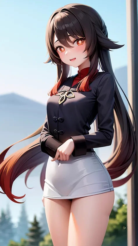 beautiful，official art，Excellent texture，8k，masterpiece，best quality，完美的detail，1 female high school student，Lovely，Smile，Shy，care，blush，open your mouth，detail，ultra short casual wear，露出整个beautiful雪白的肚子，beautiful大腿，Detailed fingers，standing in the snowy mou...