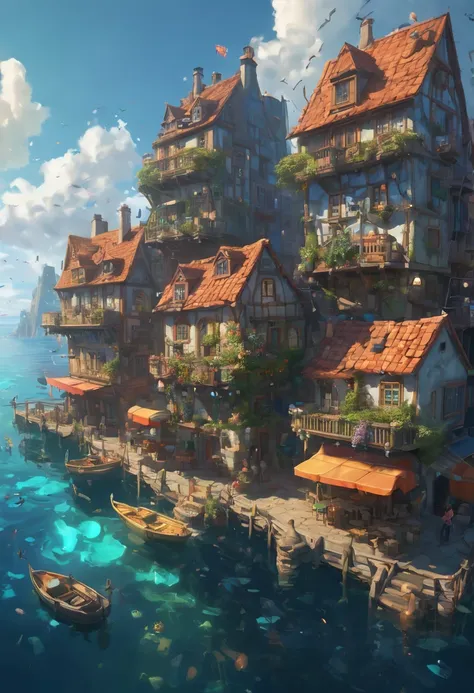 color (fantasy: 1.2), (in style of hayao miyazaki), (irregular buildings floating in the sea), patchwork cottages, floral decora...