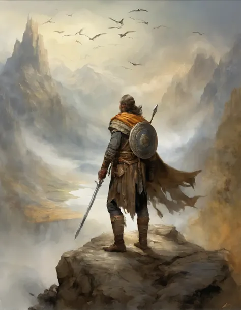 young boy with a shield in his back and a bird flying over a mountain, and a golden valley in the background. fantasy book cover, epic fantasy novel cover art, fantasy book cover painting, young adult fantasy novel cover, novel cover art for a bookArt by Y...