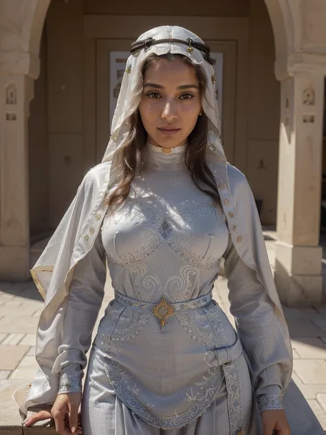 ((((((A Beautiful Arabian woman wearing a cultural attire, ultra detailed)))))), ((full body portrait)), (22 years old, innocent face, natural wavy hair, blue eyes, high resolution, Intricate high detail, Highly detailed, Sharp focus, Detailed skin, realis...