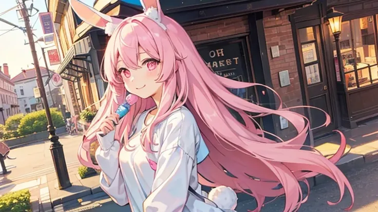 beautiful illustrations, highest quality, pretty girl, pastel colour, fluffy rabbit ears, , pink long hair, rabbit stuffed, pale pink eyes,lively atmosphere street town,casual clothes,smile