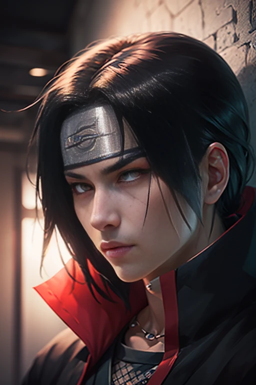 A close-up photograph of Itachi Uchiha, the iconic character from Naruto, showcasing his intense and piercing gaze. The image captures every intricate detail of his Sharingan eyes, emphasizing the red and black patterns. The environment is a dimly lit room...