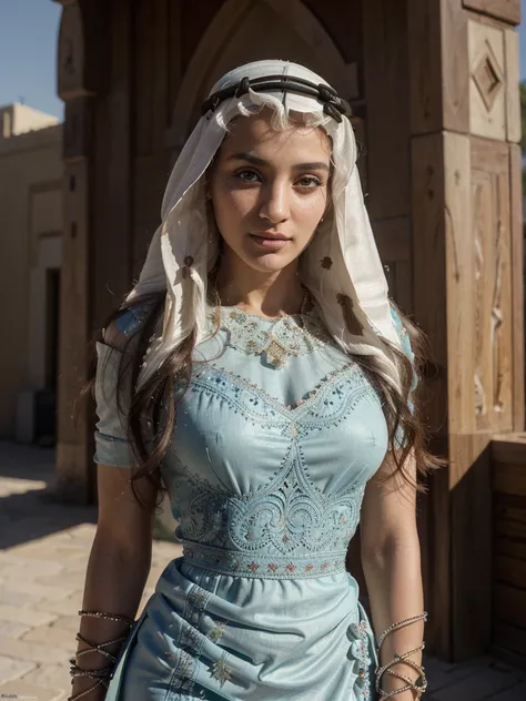 ((((((A Beautiful Arabian woman wearing a cultural dress, ultra detailed)))))), ((full body portrait)), (22 years old, innocent face, natural wavy hair, blue eyes, high resolution, Intricate high detail, Highly detailed, Sharp focus, Detailed skin, realist...