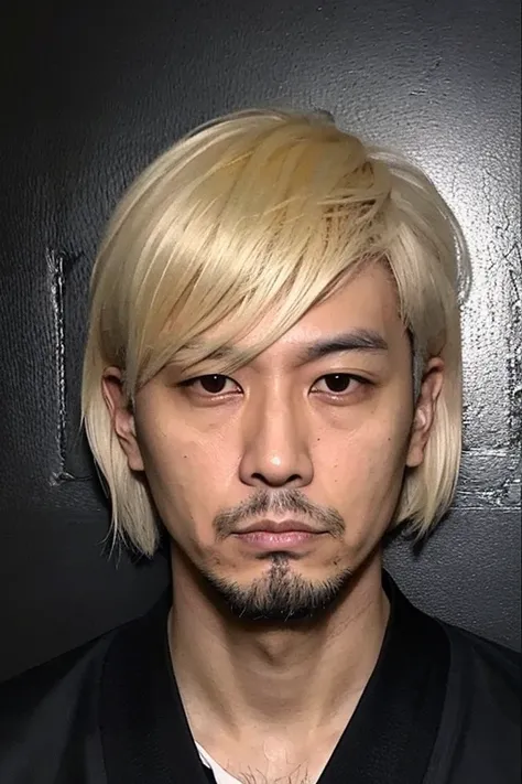 male　33 years old　ID photo　straight　Japanese　　scoundrel　HIPHOP　　stubble　long hair　blonde　dark skin　angry　criminal　