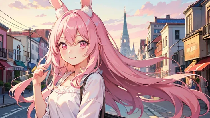 beautiful illustrations, highest quality, pretty girl, pastel colour, fluffy rabbit ears, , pink long hair, rabbit stuffed, pale pink eyes,lively atmosphere street town,casual clothes,smile