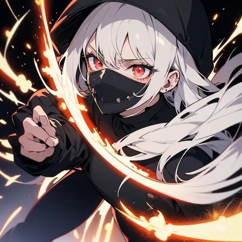 Fighting girl, epic, with particles, HD, 8k, white hair, with black cape, line marks on the face, serious face, closed mouth, casual pose, hands in Bruce Lee position, tactical pants, black hood, black lines under the eyes, black polar diver, eyes with mar...