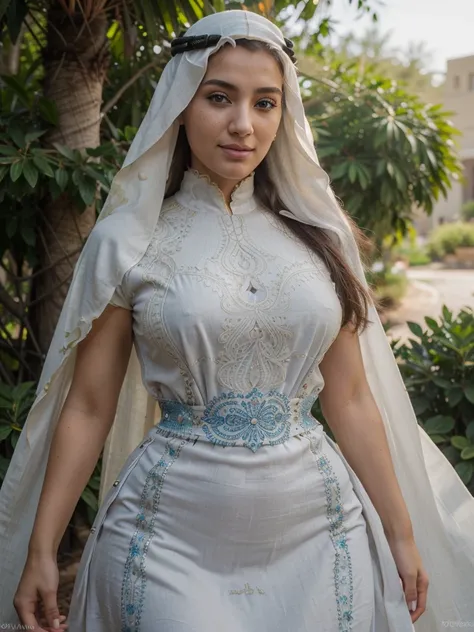 [((((((A Beautiful Arabian woman wearing a traditional-cultural dress, ultra detailed))))))], (((full body portrait))), (22 years old, innocent face, natural wavy hair, blue eyes, high resolution, Intricate high detail, Highly detailed, Sharp focus, Detail...