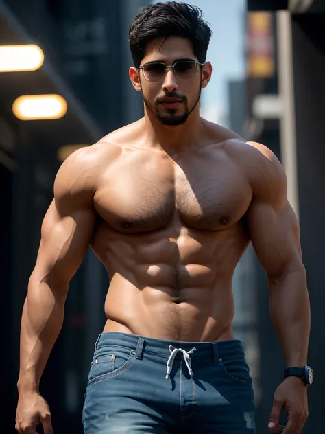 handsome guy, Sidharth Malhotra, Hairy chest, , Wears transparent glasses, beard, buzz clip, naked，Ultra-thin skinny shorts，Big bag highlights，Plump your pectoral muscles，Sexy and charming expression，Gloomy eyes，Basketball court outside, ((Slim, muscular))...