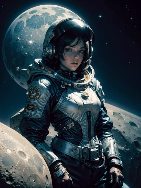 Eine epische Szene,Auf dem Mond, A beautiful female Steampunk Astronaut is in front her moonrover Auf dem Mond,Die Erde ist am Himmel,fotorealistisch, ultrarealistisch, hochdetailliert, von Greg Rutkowski und Jean Ansell ,glittering, She wears an astronaut...