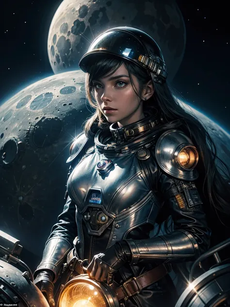 Eine epische Szene,Auf dem Mond, A beautiful female Steampunk Astronaut is in front her moonrover Auf dem Mond,Die Erde ist am Himmel,fotorealistisch, ultrarealistisch, hochdetailliert, von Greg Rutkowski und Jean Ansell ,glittering, She wears an astronaut...