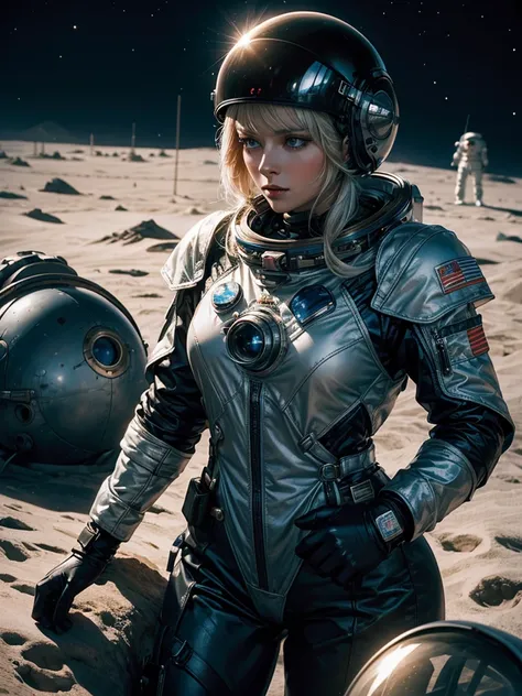 Eine epische Szene,Auf dem Mond, A beautiful female soviet Astronaut is in front her moonrover  Mondlandschaft,,fotorealistisch, ultrarealistisch, hochdetailliert, von Greg Rutkowski und Jean Ansell ,glittering, She wears an astronaut suit with a helmet in...