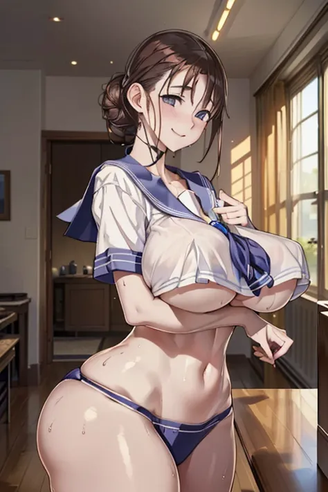 (8k, RAW photo, best quality, masterpiece, soft cinematic lighting, soft color:1.4), (realistic), (indoor background), (solo, mature woman,19years old:1.3), (sailor uniform,underboob:1.3), (smile face:1.2), party chignon bronze color hair, clean skin, (hug...