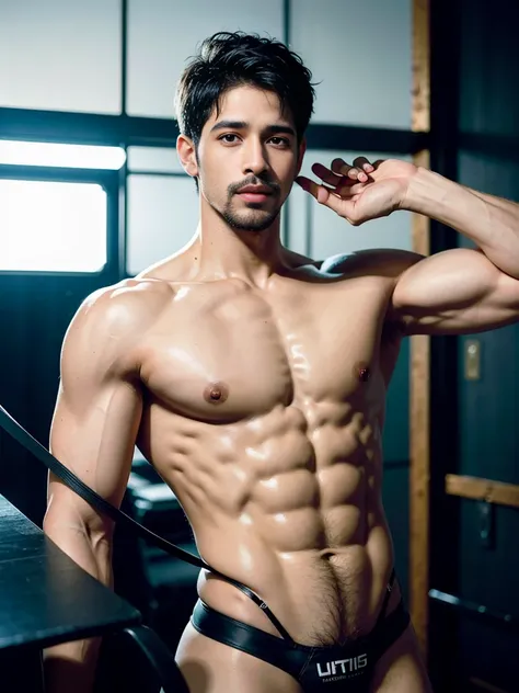 handsome guy, Sidharth Malhotra, Hairy chest, mustache, buzz clip, naked，(Ultra-thin tight thong)，Big bag highlights，Plump your pectoral muscles，Sexy and charming expression，Gloomy eyes，blue eyes，Basketball court outside, ((Slim, muscular)), photoactual, p...