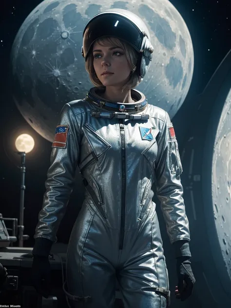 Eine epische Szene,Auf dem Mond, A beautiful female soviet Astronaut is in front her moonrover  Mondlandschaft,,fotorealistisch, ultrarealistisch, hochdetailliert, von Greg Rutkowski und Jean Ansell ,glittering, She wears an astronaut suit with a helmet in...