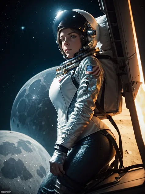 Eine epische Szene,Auf dem Mond, A beautiful female soviet Astronaut is in front her moonrover  Mondlandschaft,,fotorealistisch, ultrarealistisch, hochdetailliert, von Greg Rutkowski und Jean Ansell ,glittering, She wears an astronaut suit with a helmet in...