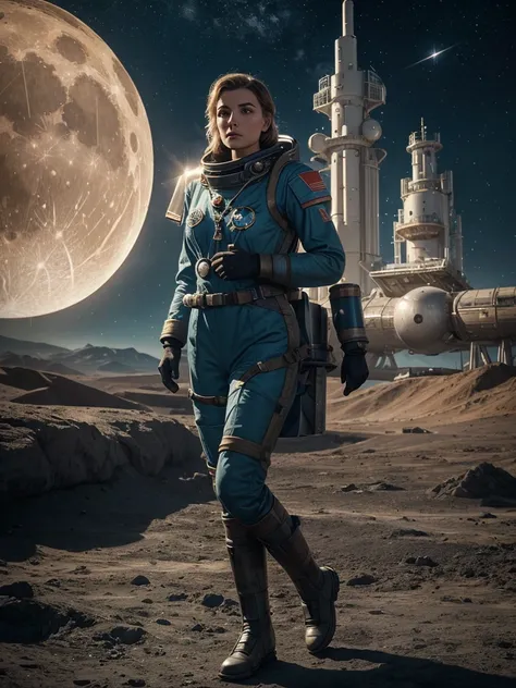 photo,, A beautiful female soviet kosmonaut is in front her moonrover  Mondlandschaft,,fotorealistisch, ultrarealistisch, hochdetailliert, von Greg Rutkowski und Jean Ansell ,glittering, in verschiedenen Modellpositionen, sowjetisch,