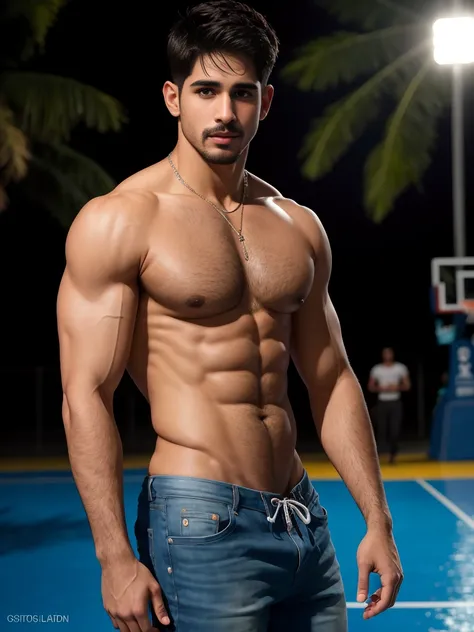 handsome guy, Sidharth Malhotra, Hairy chest, mustache, buzz clip, naked，(Ultra-thin tight thong)，Big bag highlights，Plump your pectoral muscles，Sexy and charming expression，Gloomy eyes，blue eyes，Basketball court outside, ((Slim, muscular)), photoactual, p...