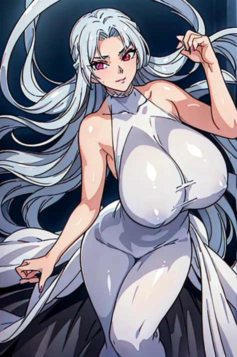 ((cara cromwell)),1girl,solo,(pale white skin:1),vampire lady,(light blue silver white hair),curly hair,(medium hair),white eyebrows ,red eyes,beautiful eyes,((elegant black dress AND dress with white frills and gold rings)),collarbone,evil smile,((Sexual ...