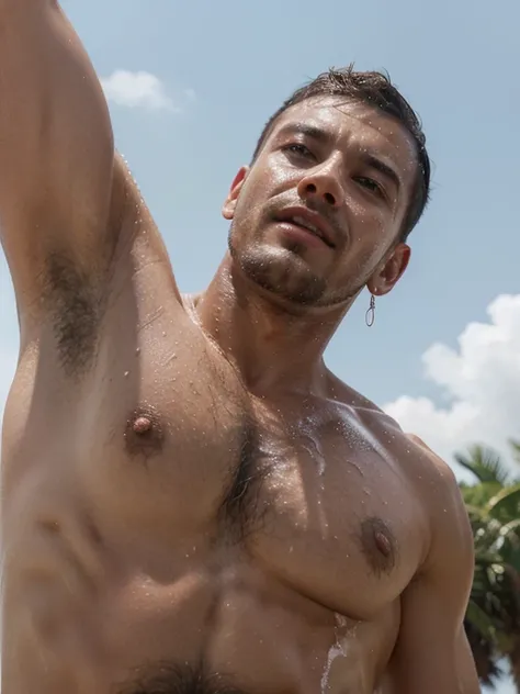 Gorgeous well built guy, short buzz cut hair, open shirt, hairy chest, looking up at the skies, 4k resolution, photo realistic image, sweat pouring down his face