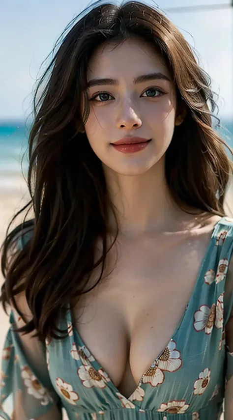 (whole body 1.5)、ticker, (sharp focus:1.2), photo-realistic, portrait, intractive young woman, winding, Long hair, cleavage c cup, (beautiful face:1.2), (smile1.4)、fine eyes, luscious lips, (eye make up:1.2), wear (floral dress:1.2) in (beach:1.4). (Daytim...