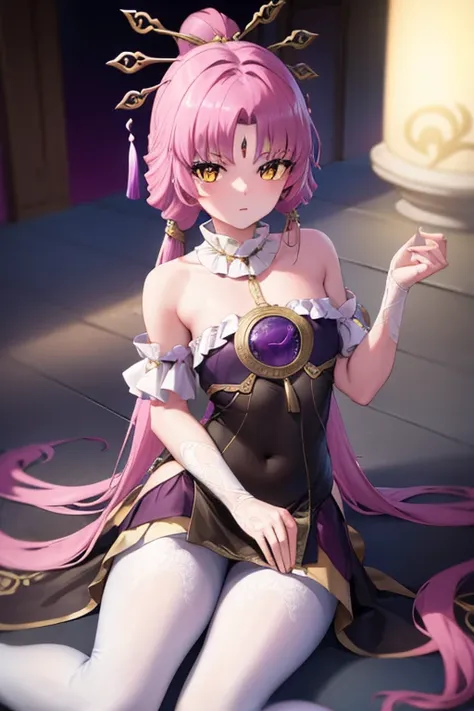 fuxuan, fu xuan, (yellow eyes:1.5), forehead jewel, hair ornament, hair stick, long hair, low twintails, parted bangs, pink hair...