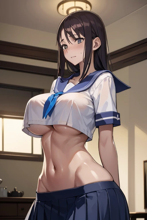 (8k, RAW photo, best quality, masterpiece, soft cinematic lighting, soft color:1.4),(ceiling, iook at camera,under  focus:1.5), (realistic), (indoor background), (solo, mature woman,19years old:1.3), (sailor uniform,underboob,Skirt:1.3), (embarrassed,red C...