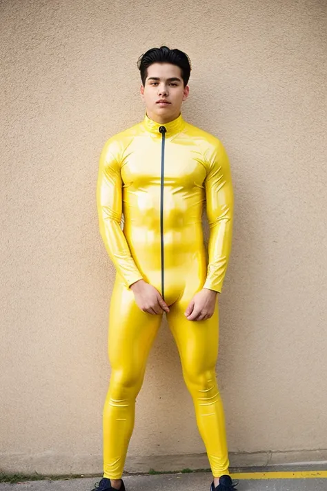 A high school boy wearing tight yellow latex catsuit 