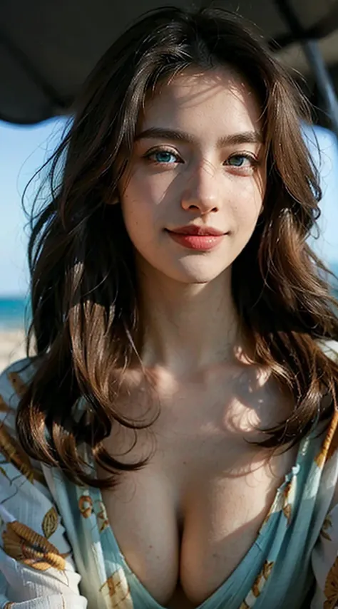 (足を組んin座っている1.2)、ticker, (sharp focus:1.2), photo-realistic, portrait, intractive young woman, winding, Brown long hairs, cleavage、D cup, (beautiful face:1.2), (smile1.4)、blue eyes、bueeyes, fine eyes, luscious lips, (eye make up:1.2), wear (floral dress:1....