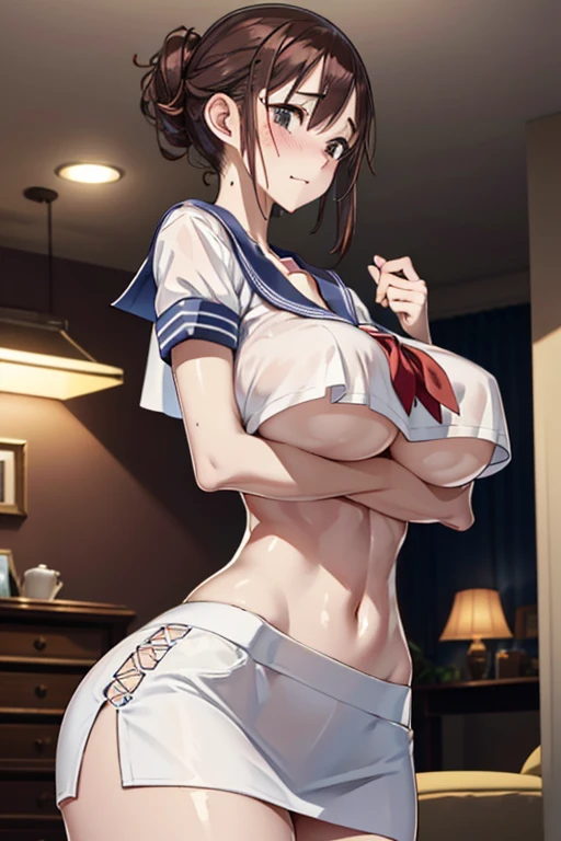 (8k, RAW photo, best quality, masterpiece, soft cinematic lighting, soft color:1.4),(ceiling, iook at camera,under  focus:1.5), (realistic), (indoor background), (solo, mature woman,19years old:1.3), (sailor uniform,underboob,white low-cut miniskirt :1.3),...