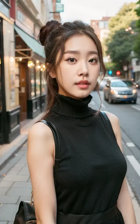 a girl standing in the street,half-body photo,upper body close-up,bust,upper_body,