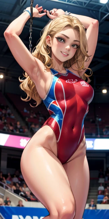 realisticlying、A 23-year-old girl、gymnast、Breasts enlarged、Long wavy blonde hair in red leotard、The face smiled、Gymnastics competition venue、sexly？