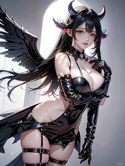 1girl, huge breasts focus, solo, horns, long hair, albedo (overlord), wings, large breasts, dress, hip vent, black wings, white gloves, gloves, looking at viewer, black hair, white dress, bare shoulders, hair between eyes, yellow eyes, feathered wings, dem...