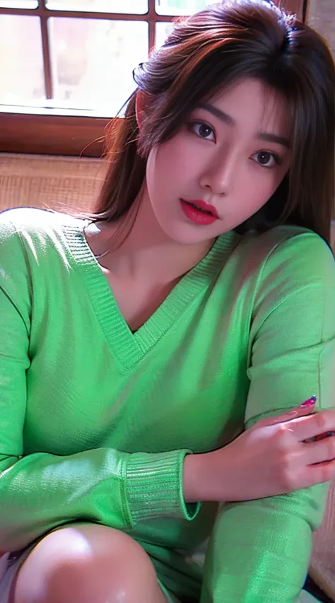 asian girl wearing a white sweatshirt and black jacket, in the style of light emerald and light black, precise and lifelike, subtle shading, webcam, chinapunk, shiny eyes, soft, romantic scenes the girl is wearing a green sweater, in the style of gongbi, e...