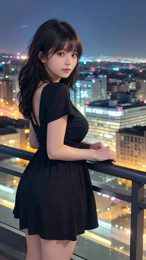 A 20-year-old woman standing with a night view of the city in the background。her short black wavy hair with bangs、wearing a stylish dress、Looks like he&#39;s enjoying the vibrancy of the city at night.。