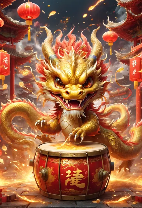 llustrate a single, cute, anthropomorphic chinese golden dragon using its claws to vigorously play a large drum, which is decora...