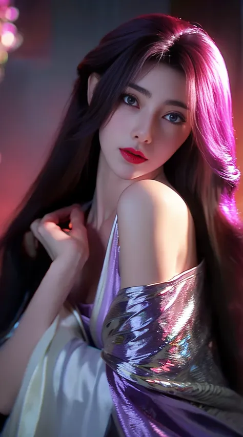 beautiful purple girl playing a game is posing with the girl's hair with cat hair, in the style of 32k uhd, dragon art, gongbi, ...