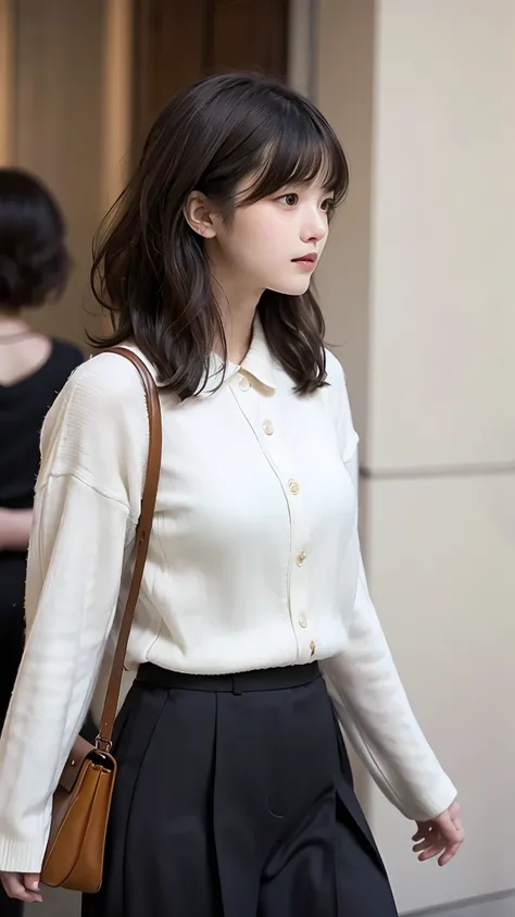 A 20-year-old woman visiting an art gallery。She has short black wavy hair with bangs、He wears sophisticated clothes、Walking around admiring works of art。






