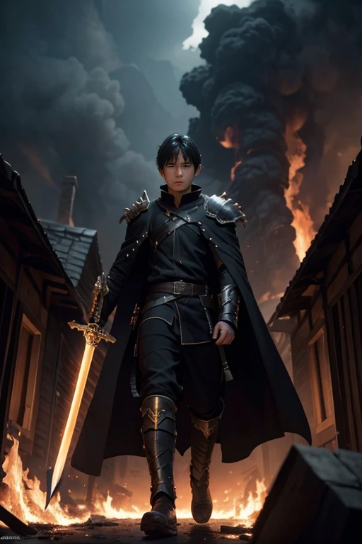 Character Kentarion 16 years old, boy, black hair, fire sword, setting: village destroyed, houses on fire. black creatures, shadow specters, amber eyes, Conceptual art, cinematic lighting, drop shadow, diffraction spikes, Ultra-Wide Angle, Hasselblad, UHD,...