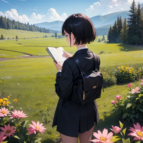 There is a back view of a 30-year-old woman，holding book，short hair，on a grassy field，There are flowers，There are small animals，micro vision，wide view