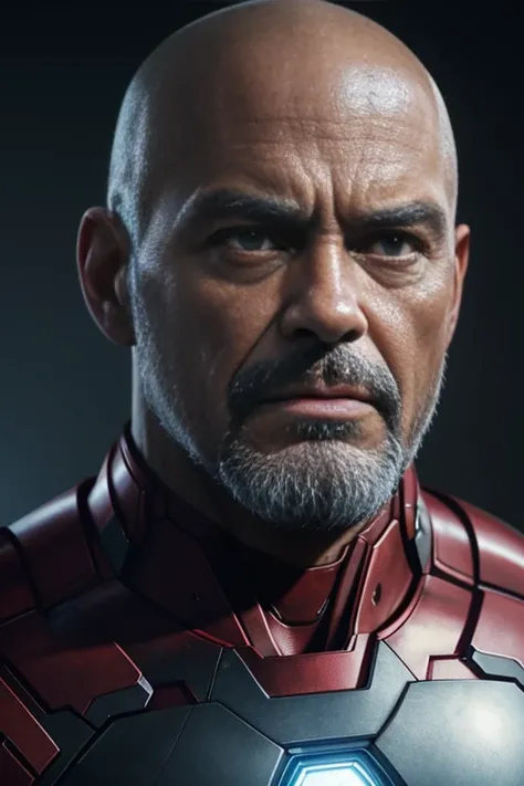 marvel, bald iron man, 50s, realistically, dynamic lights, old man, bald, short gray beard, full shot, (extremely detailed 8k CG unit wallpaper), trending on ArtStation, trending on CGSociety, high detail, focus sharp, dramatic, photorealistic