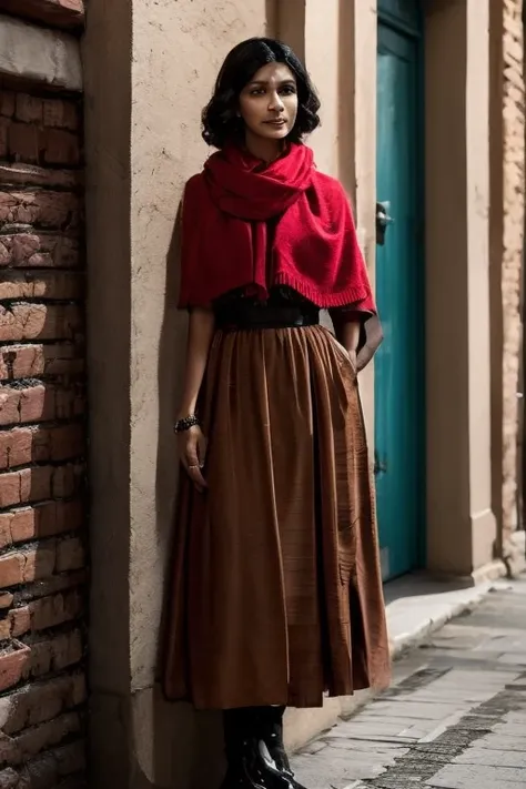 female, 1920s brown skirt, tan jacket, red scarf, dress, 5 foot 5 inches tall, slim body build, waist-length wavy brunette black...