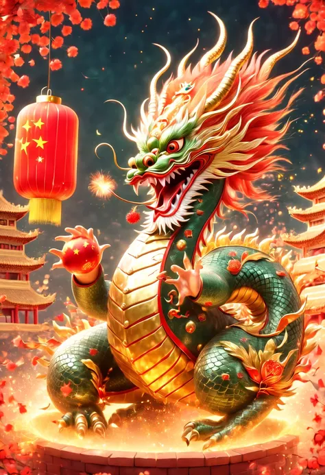 llustrate a single, cute, anthropomorphic chinese golden dragon using its claws to vigorously play a large drum, which is decora...