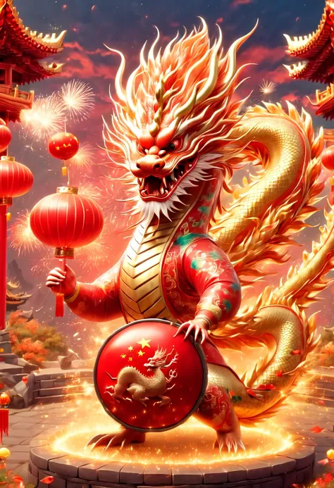 llustrate a single, cute, anthropomorphic chinese golden dragon using its claws to vigorously play a large drum, which is decora...